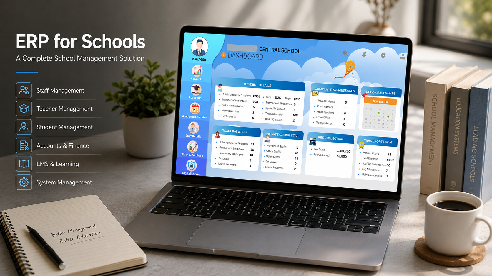 ERP for Schools management dashboard